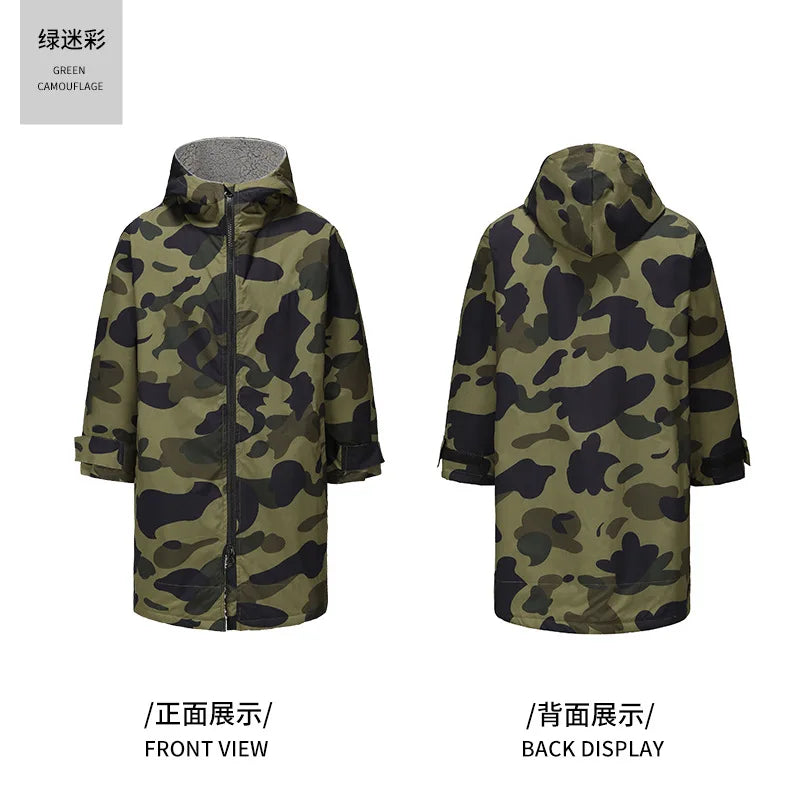 Green camouflage hooded changing robe with front and back views, designed for warmth and windproof protection.