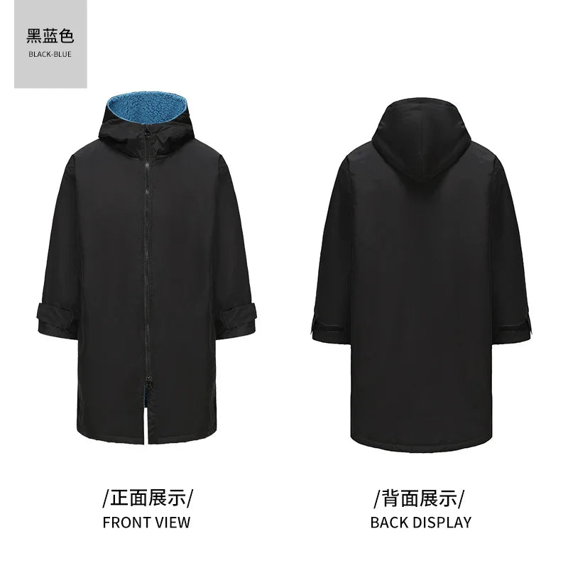 Thickened windproof changing robe in black-blue, front and back view showcasing hood and soft microfiber lining.