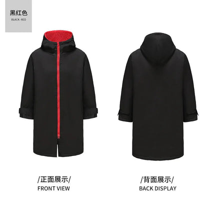 Thickened windproof and warm changing robe in black and red, showcasing front and back views with hood and zipper.