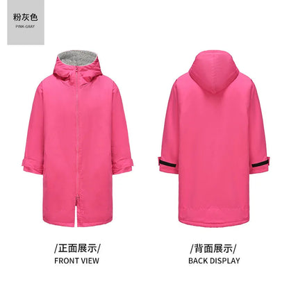 Thickened windproof changing robe in pink, showcasing front and back views, ideal for outdoor water activities.