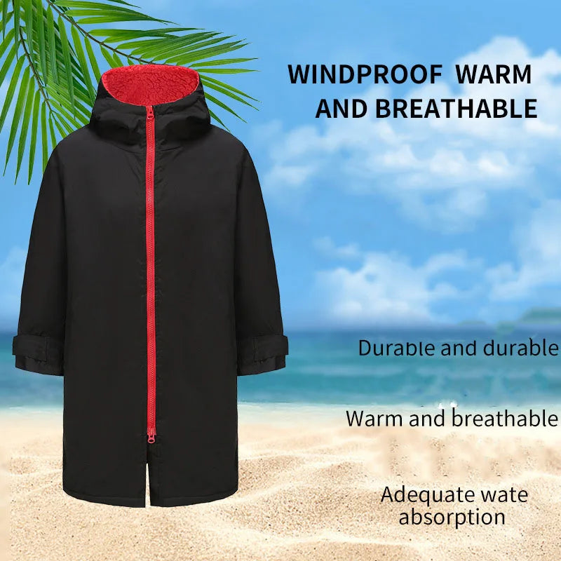 Thickened windproof and warm changing robe in black and red, designed for water activities with breathable fabric.