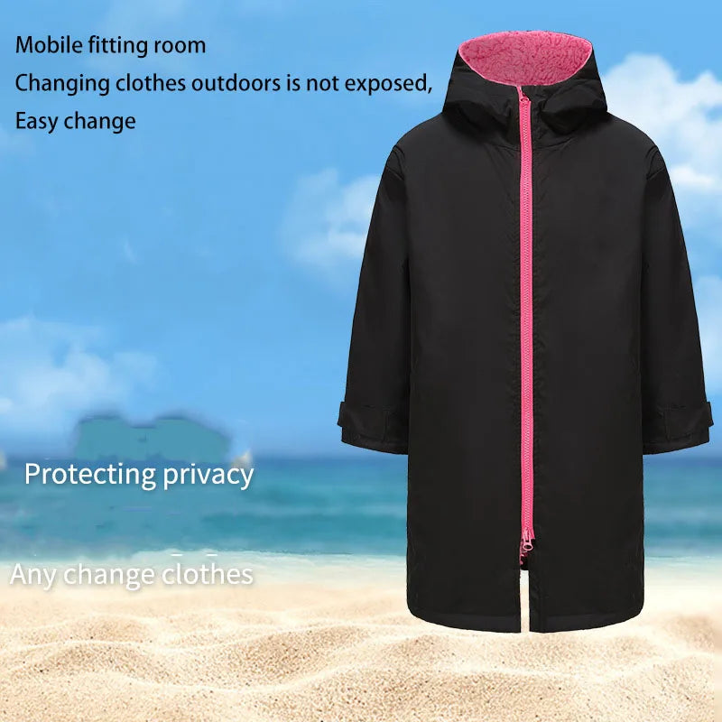 Thickened windproof changing robe in black with pink lining, ideal for privacy during outdoor clothing changes.