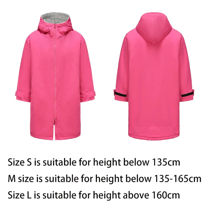 Size guide for thickened windproof changing robe in pink, detailing suitable heights for sizes S, M, and L.