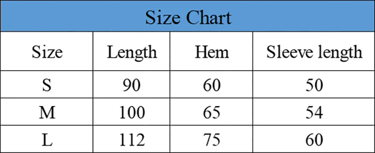 Size chart for thickened windproof changing robe showing dimensions for S, M, and L sizes.