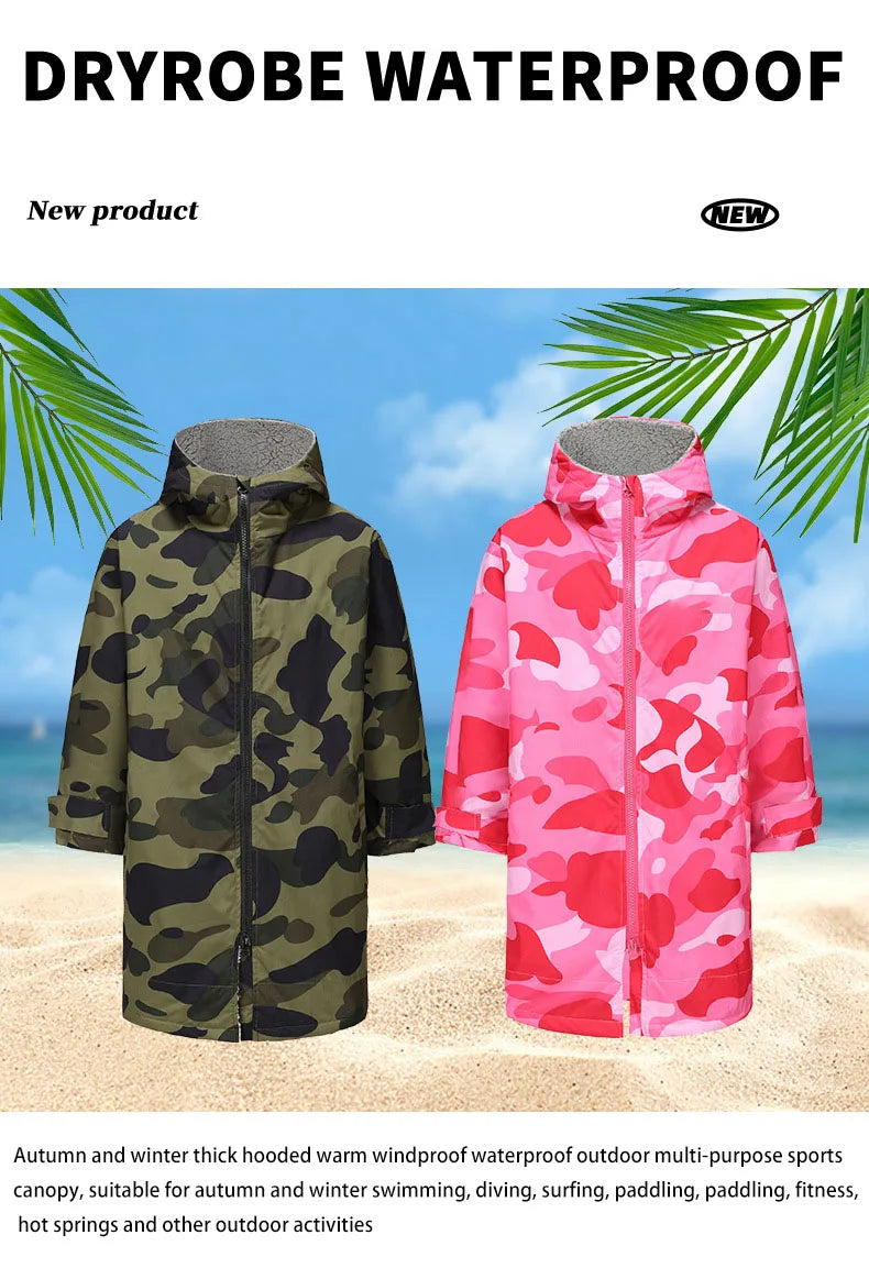 Waterproof thick hooded changing robes in camouflage and pink patterns, perfect for autumn and winter water sports activities.