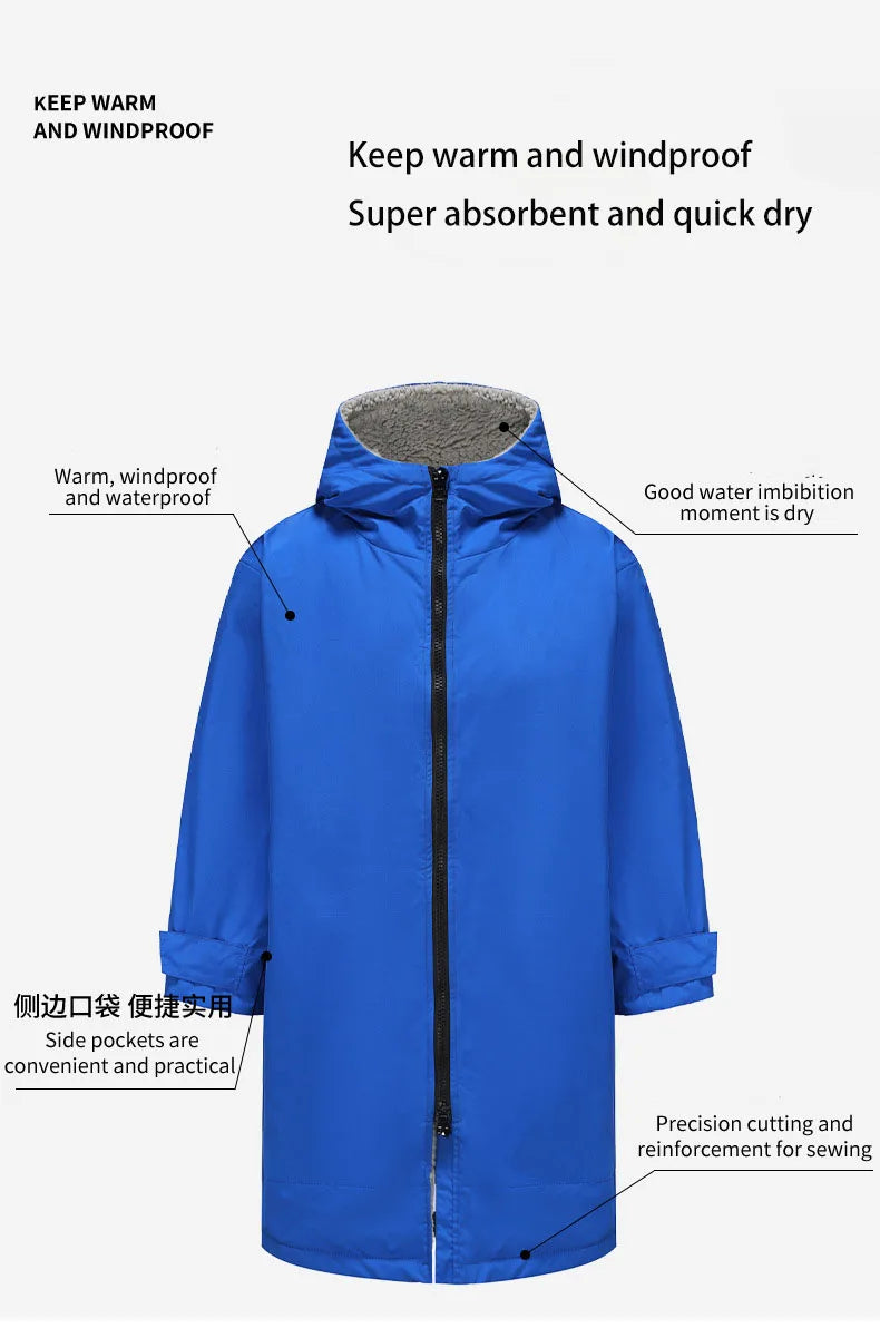 Thickened windproof changing robe in blue, featuring waterproof outer, soft lining, and practical side pockets for outdoor activities.