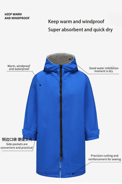 Thickened windproof changing robe in blue, featuring waterproof outer, soft lining, and practical side pockets for outdoor activities.