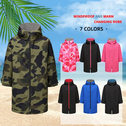 Thickened windproof changing robe in 7 colors featuring camouflage, pink, black, and blue, perfect for outdoor water activities.