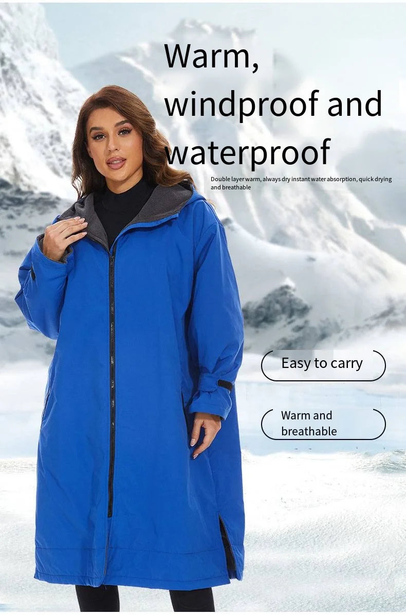 Warm and waterproof blue jacket showcasing breathable design, perfect for outdoor activities in cold weather.