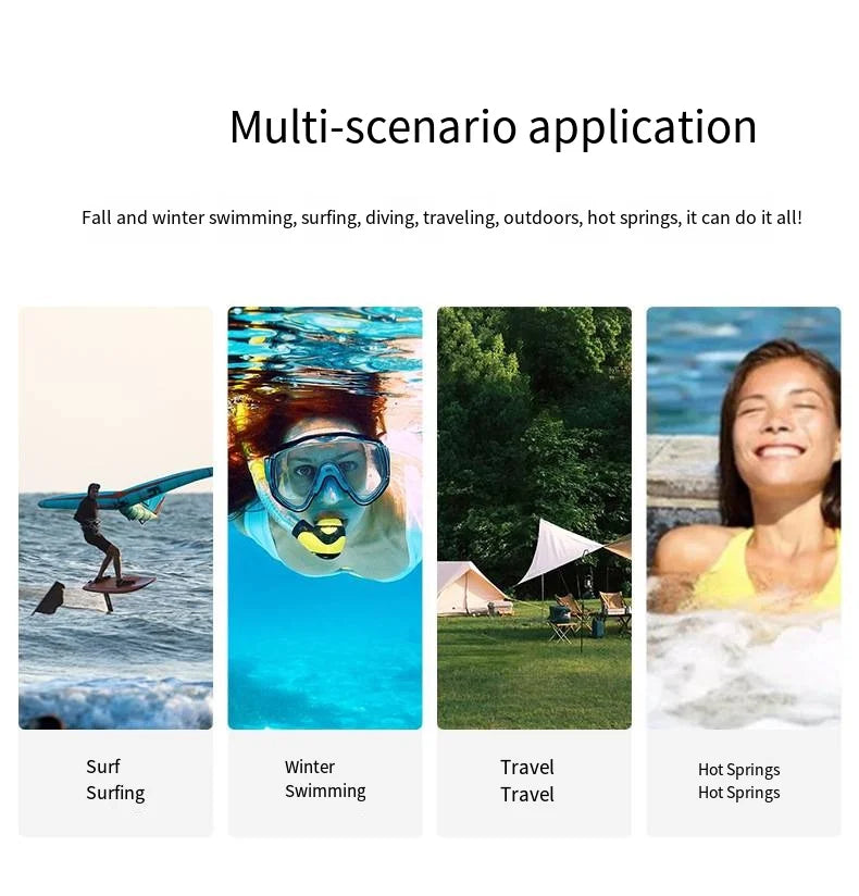 Multi-scenario application showcasing surfing, winter swimming, travel, and hot springs activities.