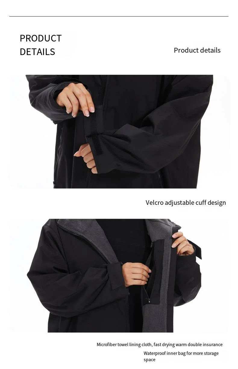 Product details of a thickened winter warm surfing changing robe, highlighting adjustable cuffs and microfiber towel lining.