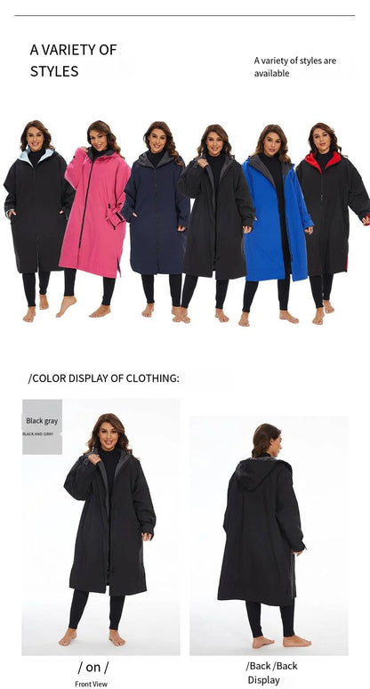 Variety of hooded bath ponchos in different colors, showcasing styles and back/front views for winter water activities.