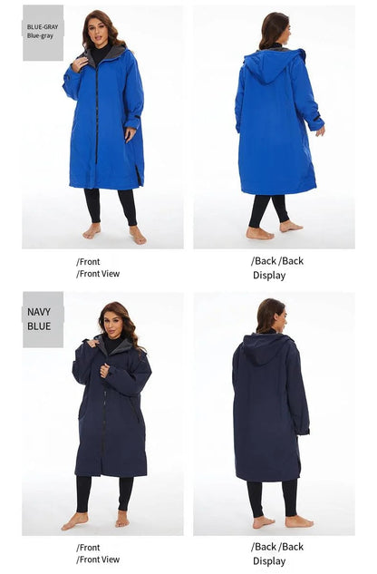 A collage showcasing a hooded bath poncho in blue-gray and navy blue, featuring front and back views for both colors.