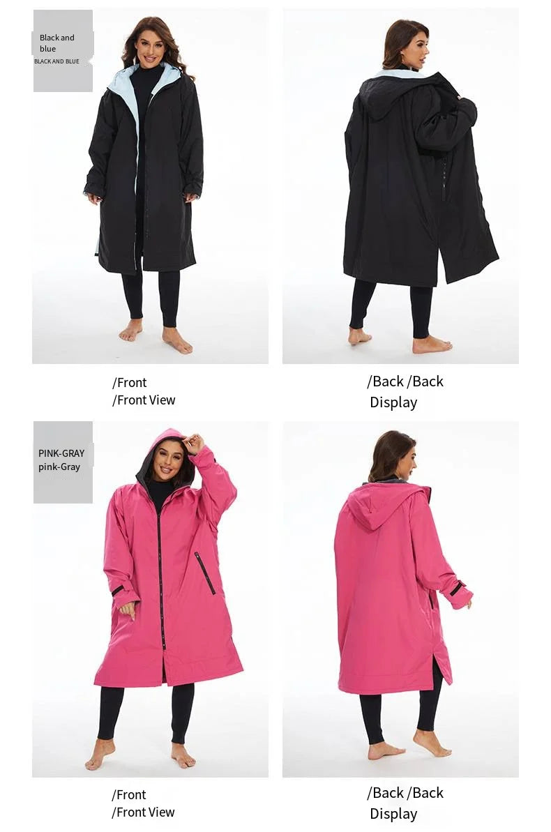 Thickened winter warm surfing changing robe in black and pink-gray, showcasing front and back views on models.