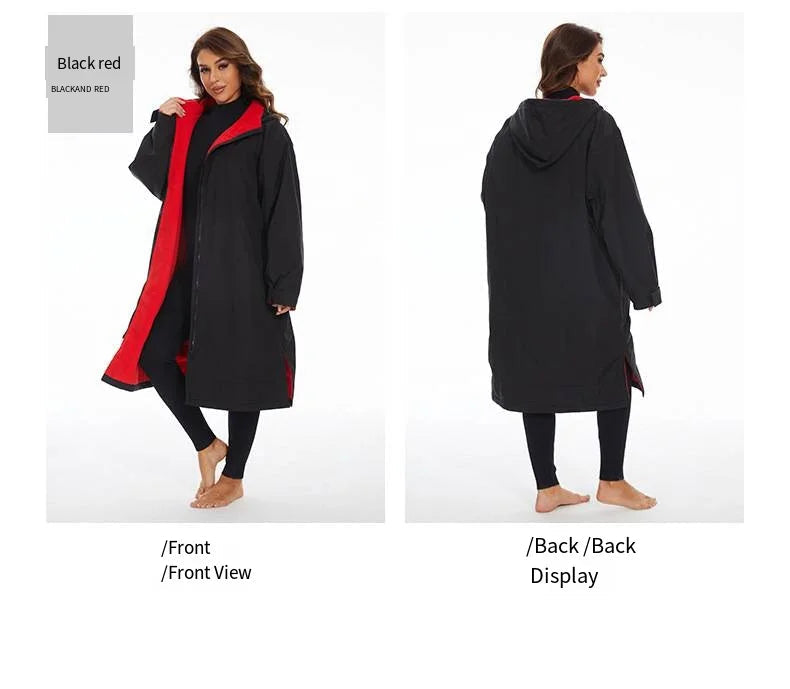 Thickened winter surfing robe in black and red, showcasing front and back views on a model, highlighting hood and design.