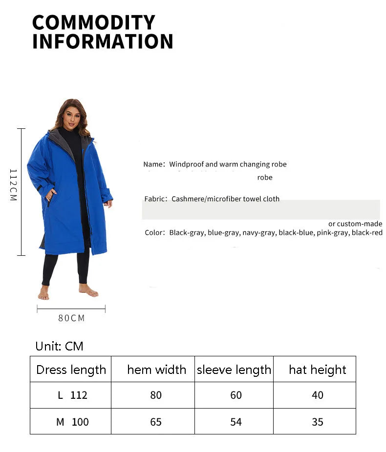 Warm windproof cashmere microfiber towel robe in blue, suitable for swimming and surfing, with detailed size chart.