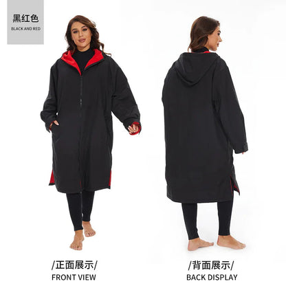 Thickened winter surfing changing robe in black and red, featuring front and back views on a model.