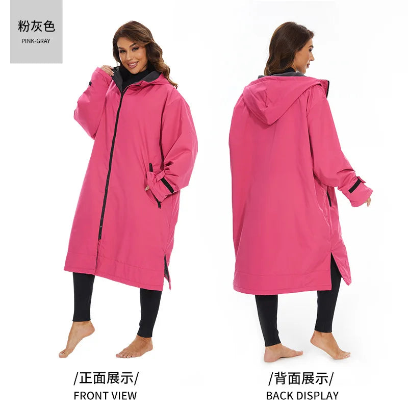 Thickened winter warm surfing changing robe in pink-gray, front and back views showcasing its hooded design.