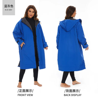 Model showcasing front and back views of the blue hooded thickened winter surfing changing robe.