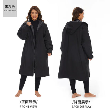 Thickened winter surfing changing robe in black, showcasing front and back views on a model, ideal for warmth and comfort.