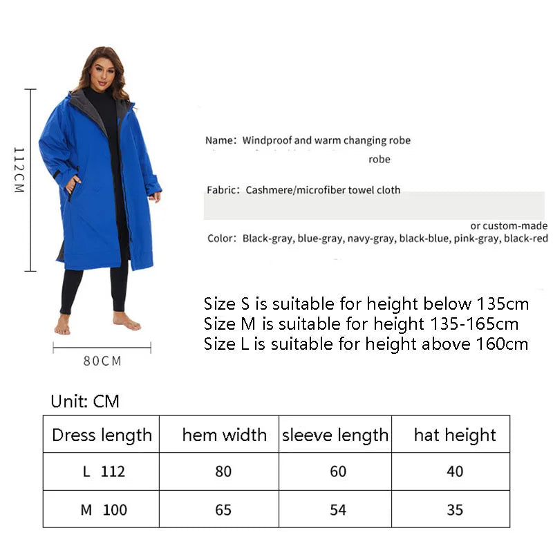 Size and fabric details for the Thickened Winter Warm Surfing Changing Robe in cashmere microfiber towel cloth.