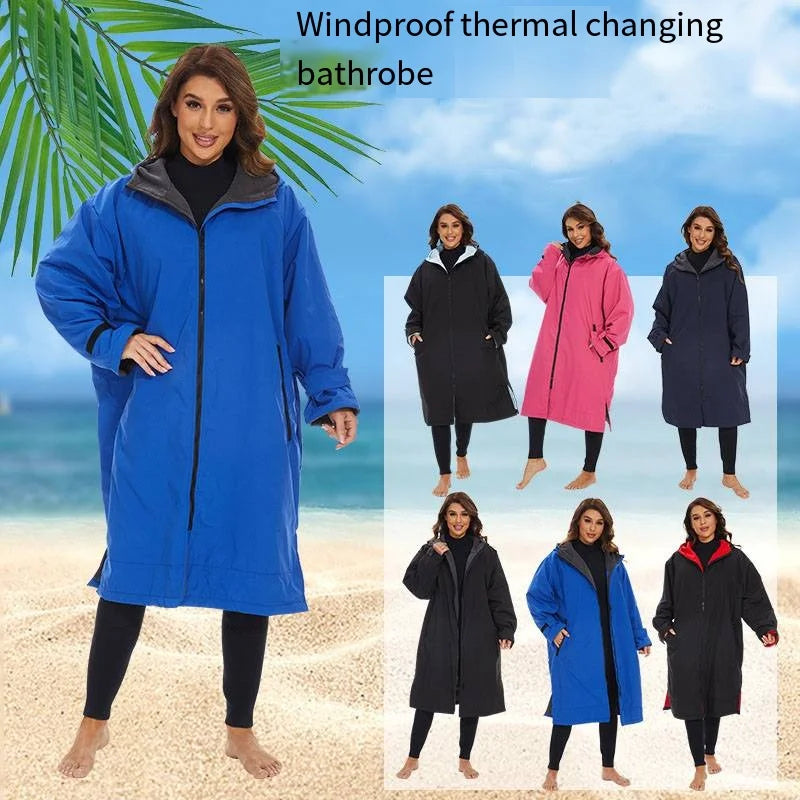 Windproof thermal changing bathrobe in various colors for adults, ideal for warmth during water activities and sports.