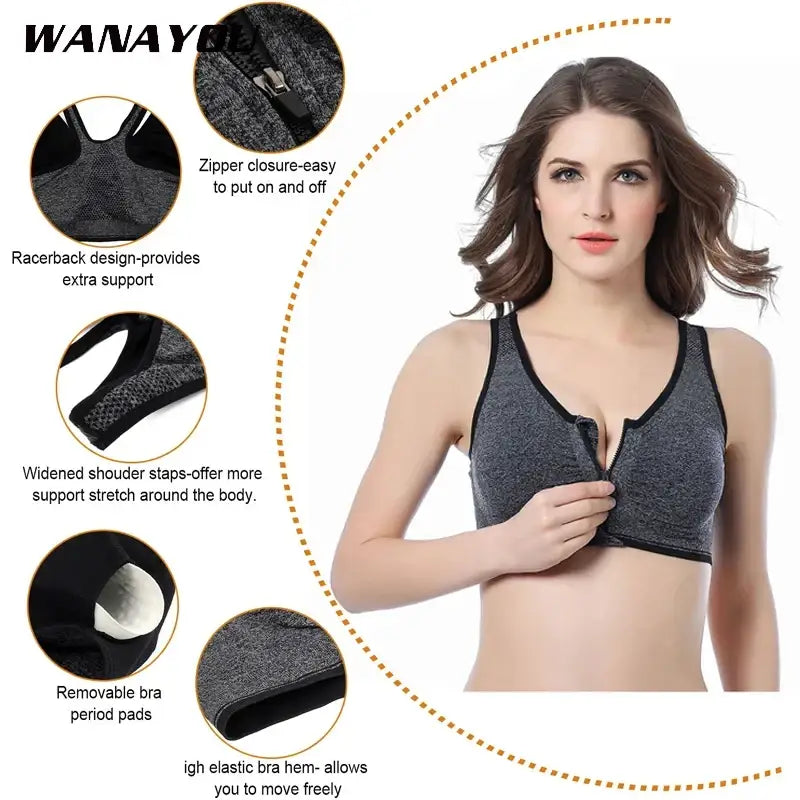 WANAYOU Women’s Front Zipper Push Up Sports Bra - Padded, Wirefree, Shockproof