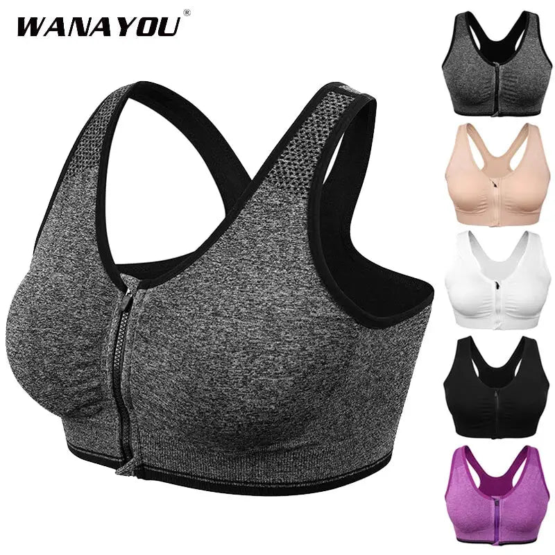 WANAYOU Women’s Front Zipper Push Up Sports Bra - Padded, Wirefree, Shockproof